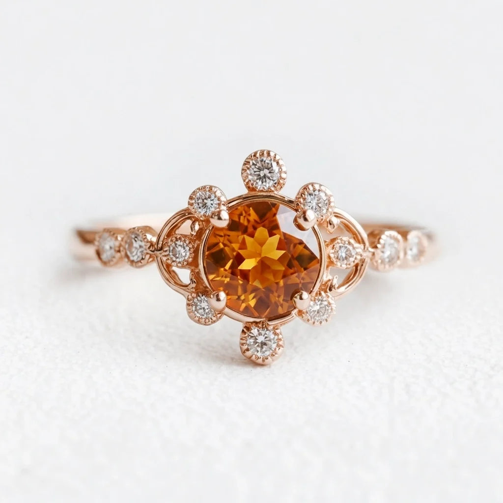 Aurora’s Ember | Round Citrine Vintage Halo Engagement Ring