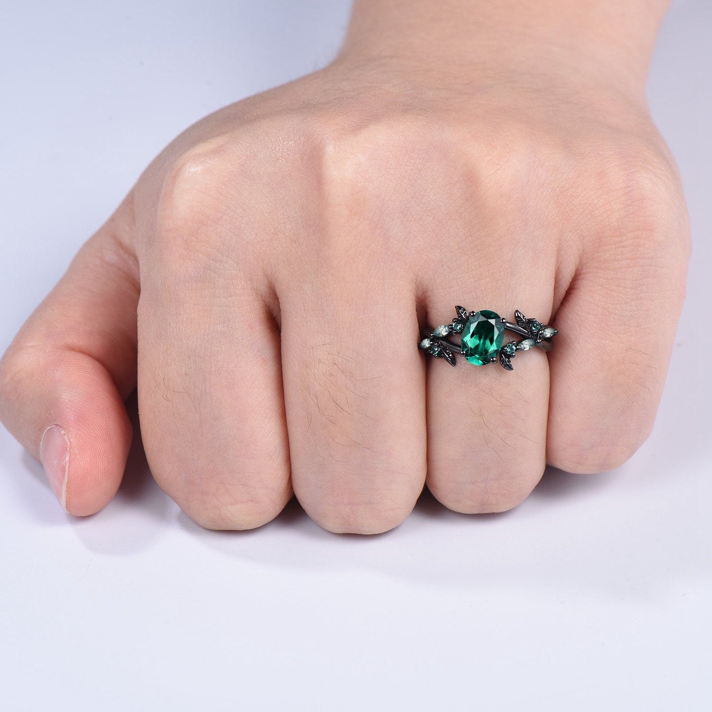 Black Gold Emerald Engagement Ring, Gothic Leaf Ring