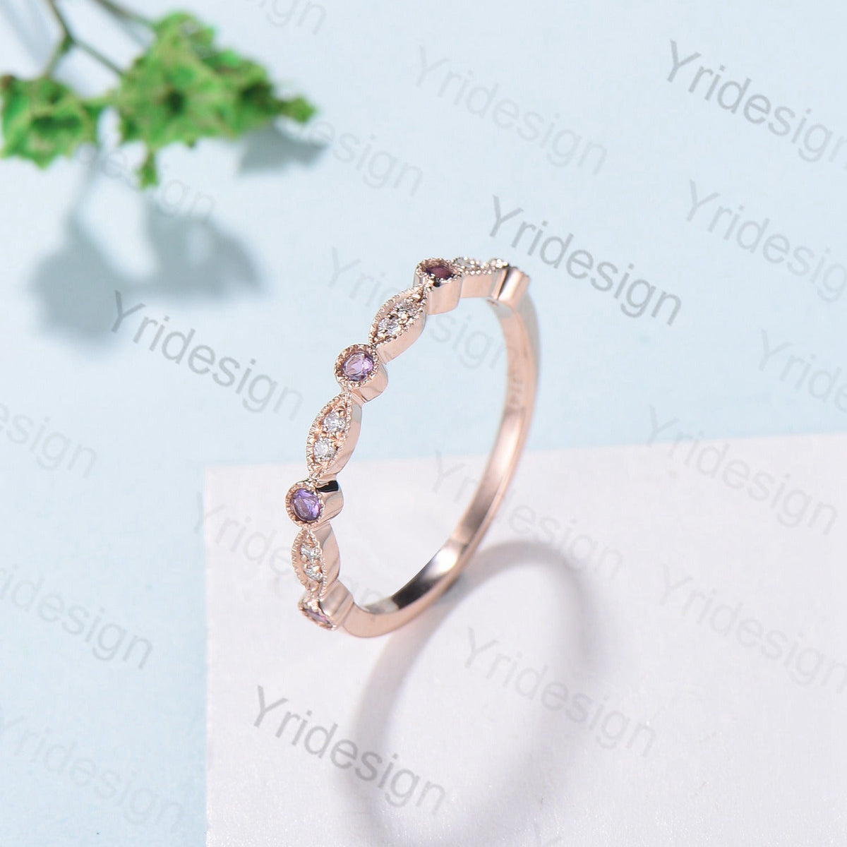 Luxe Tiara Half Eternity Amethyst And Diamond Wedding Band- Art Deco