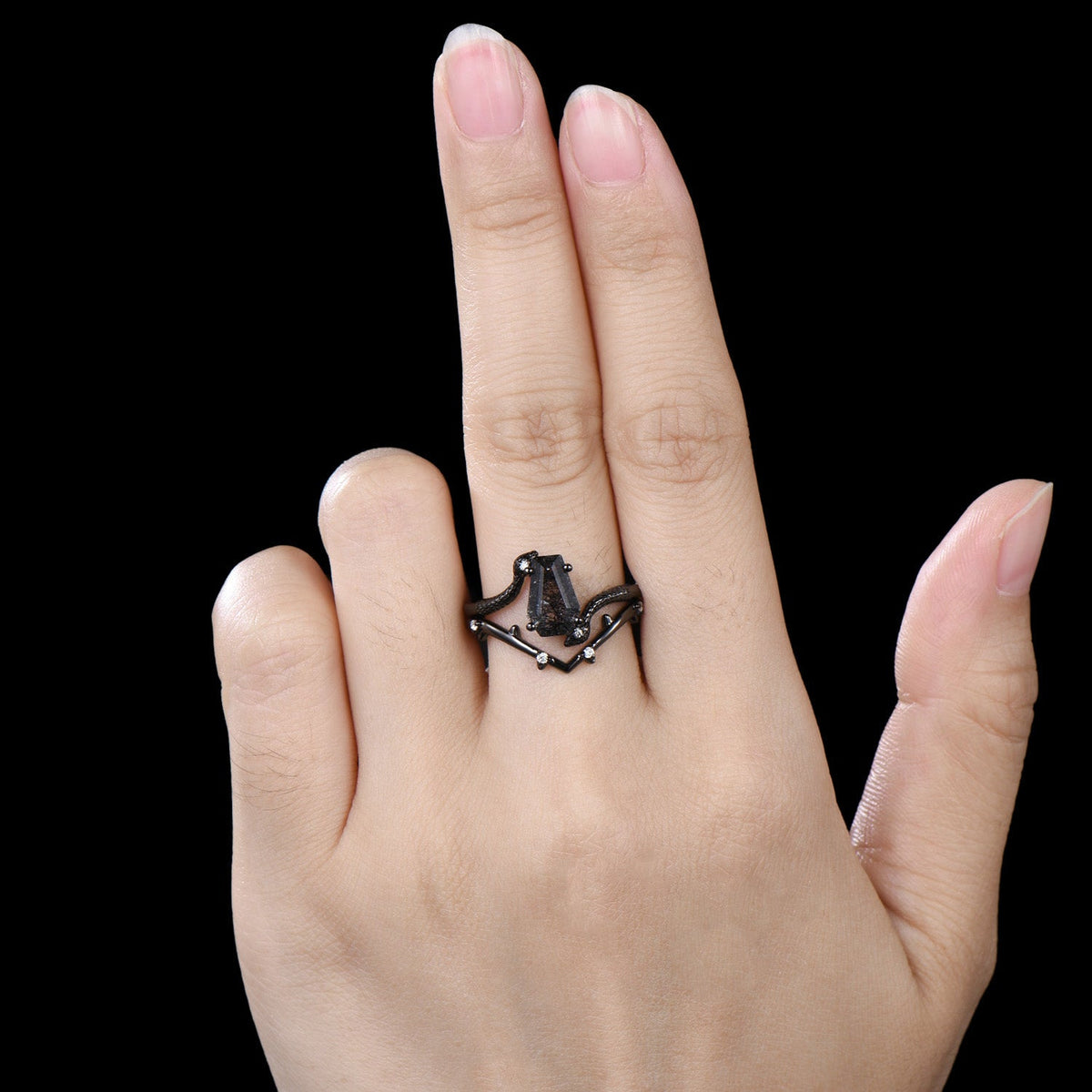 Unique Snake Black Gold engagement ring set cold-blooded coffin shaped black rutilated quartz wedding set for women anniversary promise gift