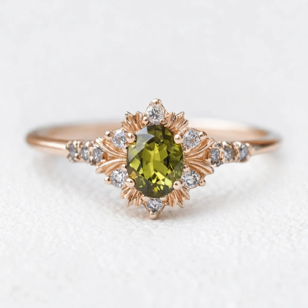 Rosalind’s Amber | 1CT Oval Cut Olive Yellow Sapphire Halo Engagement Ring