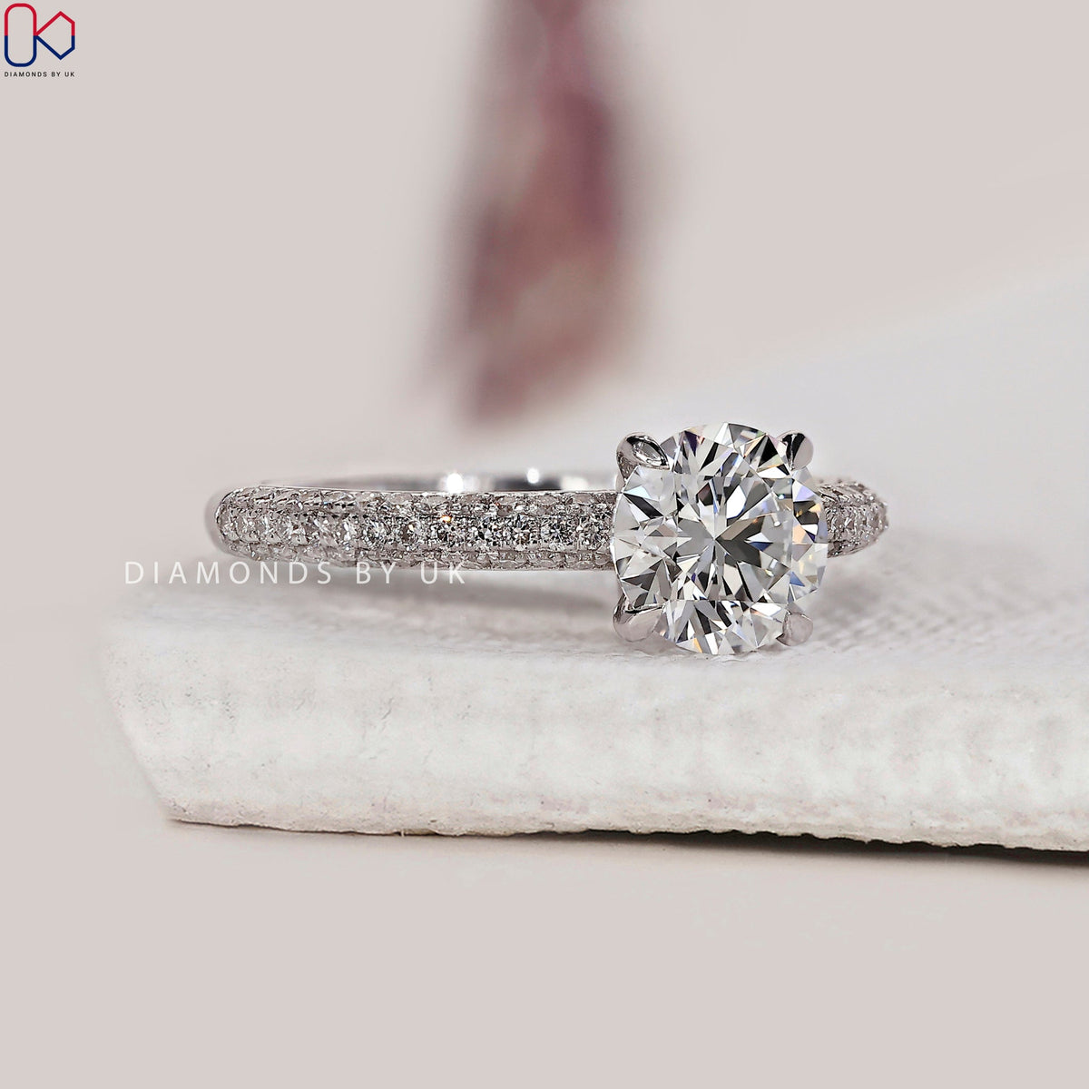 Round Diamond 3 Sided Pave Engagement Ring
