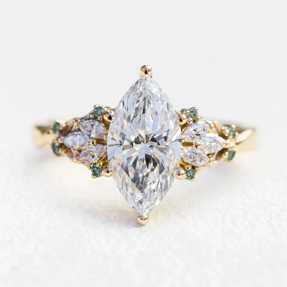 Eleonora’s Keystone | Vintage 2CT Marquise Diamond & Hammered Emerald Couple Set