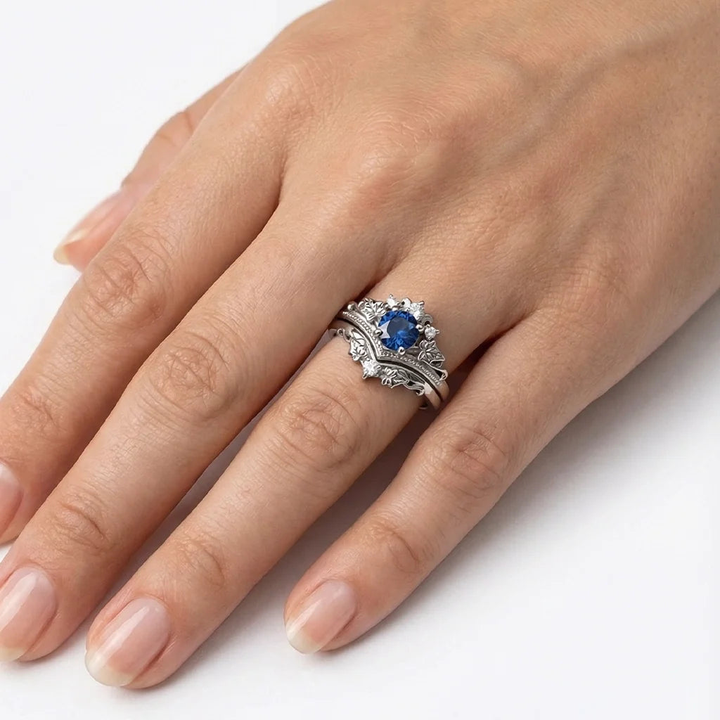 Ivy’s Wreath | Round Blue Sapphire & Diamond Vintage Bridal Set 2pcs