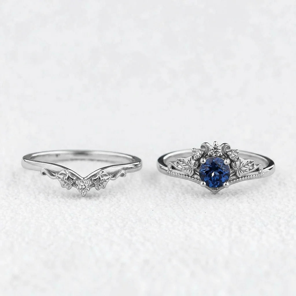 Ivy’s Wreath | Round Blue Sapphire & Diamond Vintage Bridal Set 2pcs
