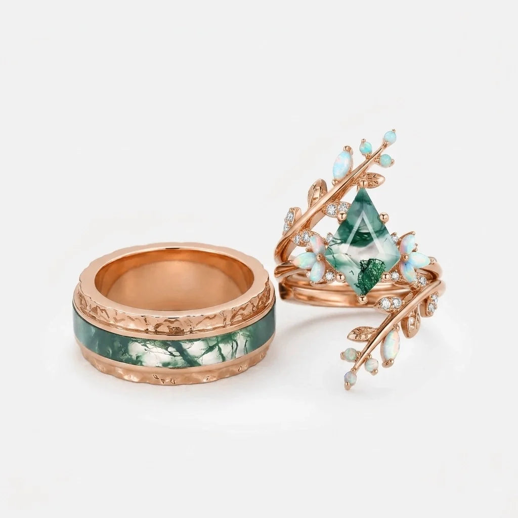 Knight’s Citadel | Kite Cut Moss Agate & Opal Couple Ring Set 3pcs