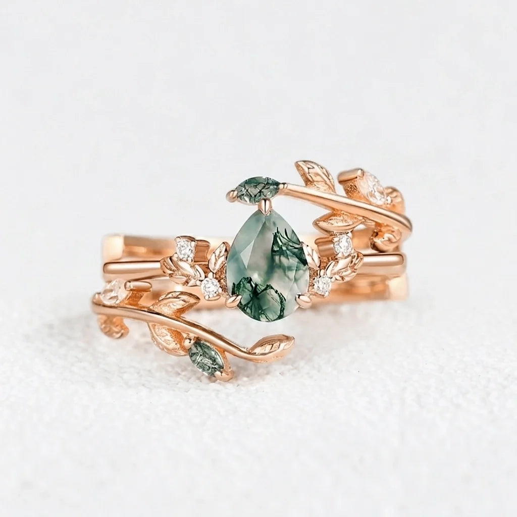 Daphne‘s Verdure | Pear Cut Moss Agate Foliage Bridal Duo