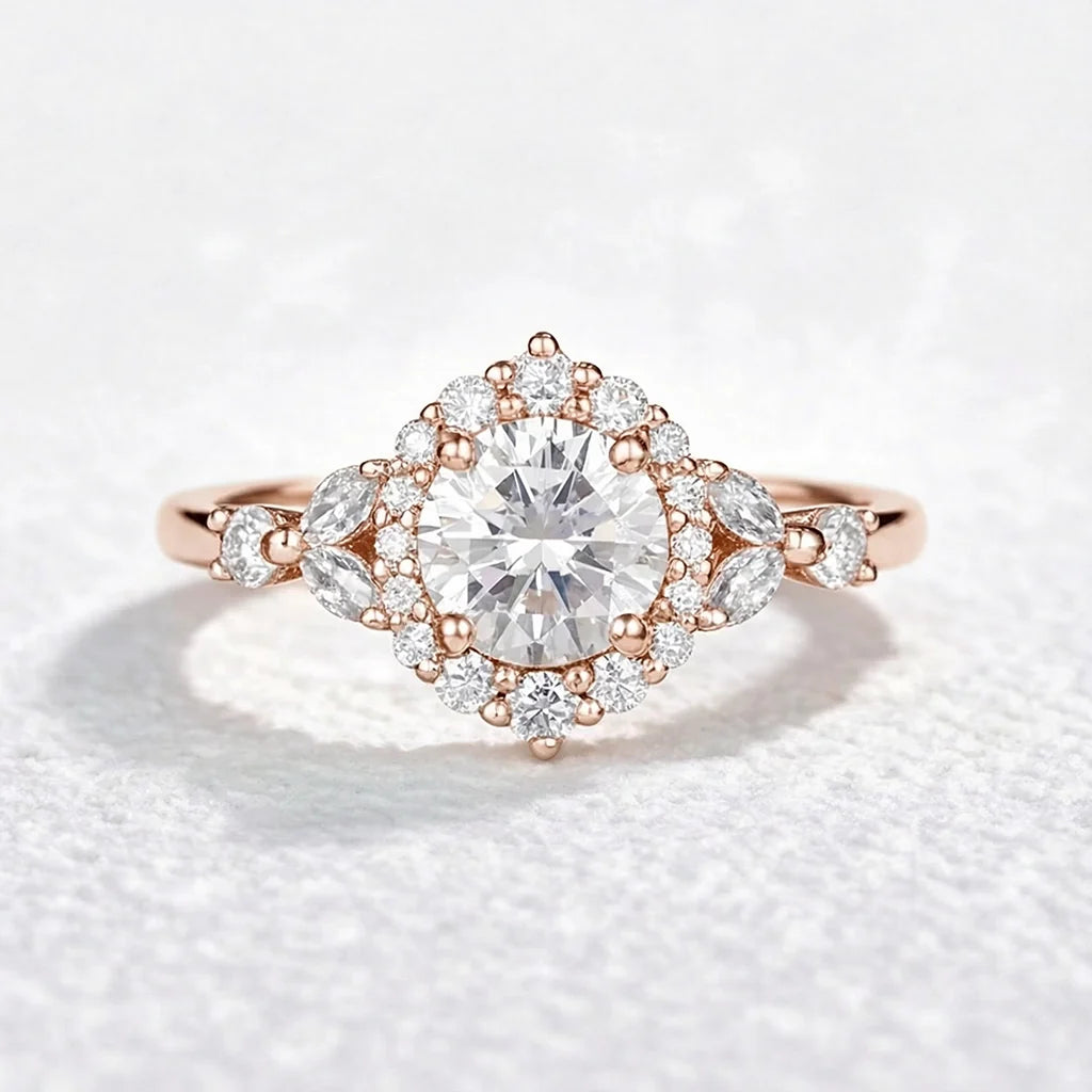 Aurora’s Radiance | Vintage Round Diamond Halo Engagement Ring