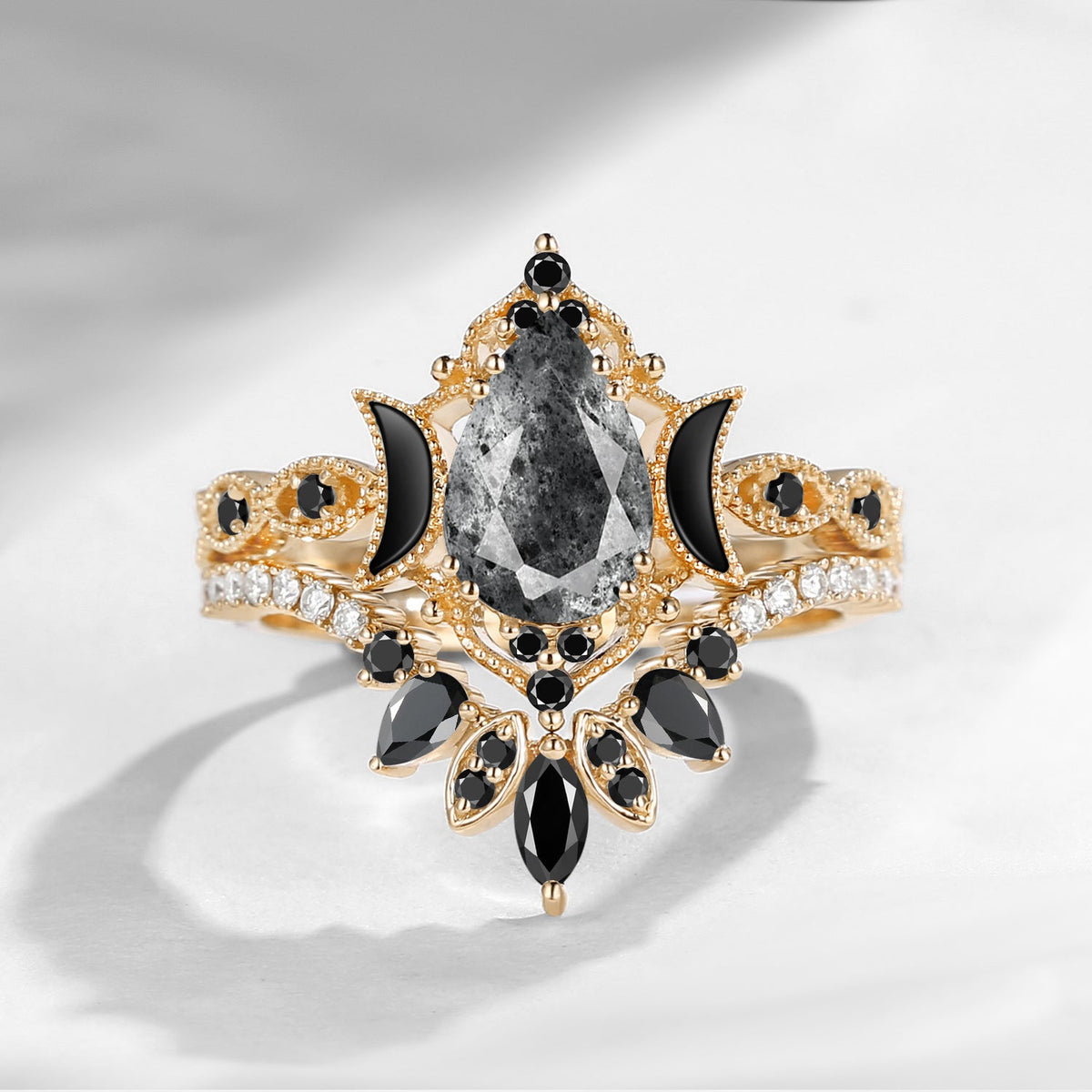 Crescent Moon | Pear Cut Herkimer Diamond 'Ultra Galaxy' Engagement Ring Set 2pcs