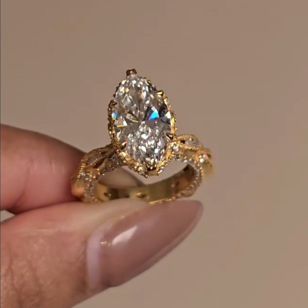 Vintage Art Deco Marquise Cut 3.0Ct Hidden Halo Twisted Pave 14K Gold Plated 925 Sterling Silver Engagement Ring