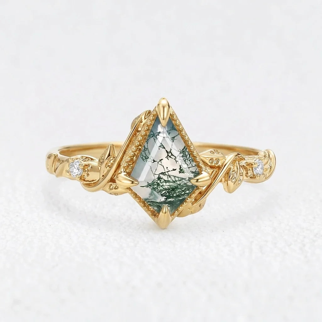 Isadora’s Imprint | Kite Moss Agate & Moissanite Foliage Engagement Ring