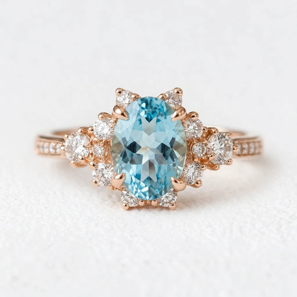 Aria‘s Bay | Oval Cut Blue Topaz Halo Engagement Ring