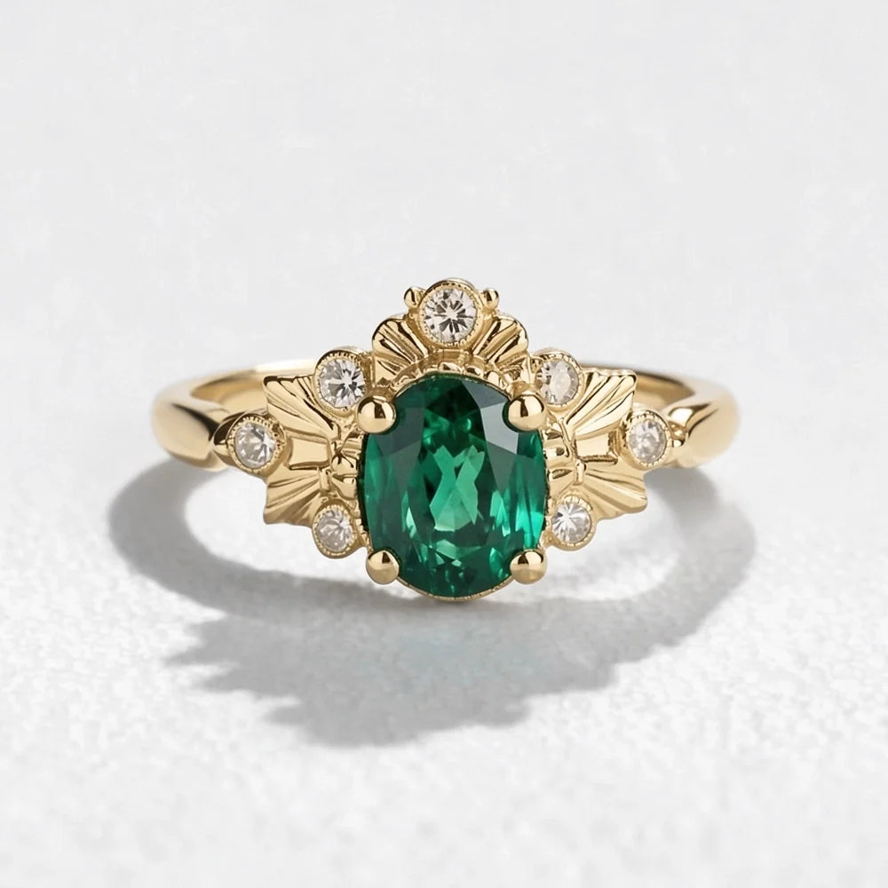 Isolde’s Willow | Vintage Oval Natural Emerald Engagement Ring