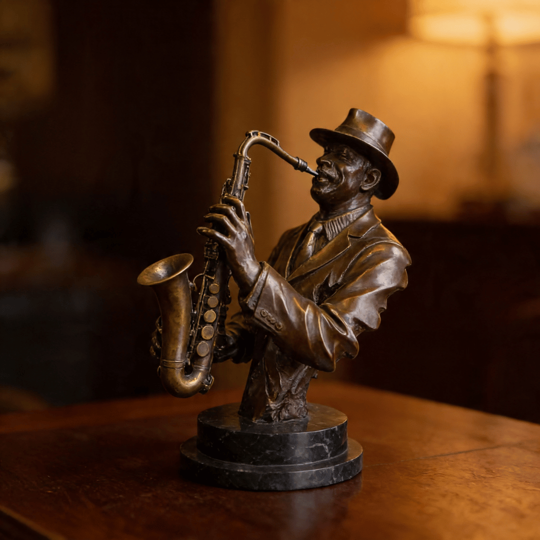 Jazz Saxophonist Bronze Bust Sculpture