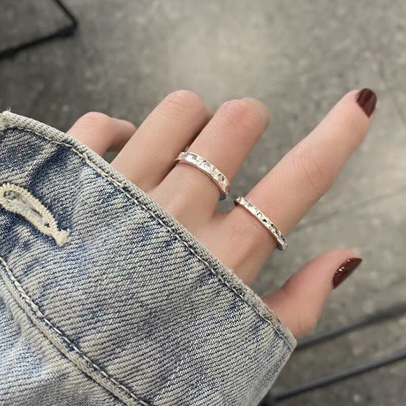 Stone Texture Open Ring, Minimalist Irregular Concave-Convex Band, Ins Cold Style Adjustable S925 Sterling Silver  Ring for Women