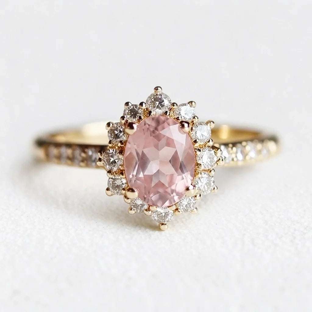 Rosalind’s Blush | Rose Quartz Halo Engagement Ring