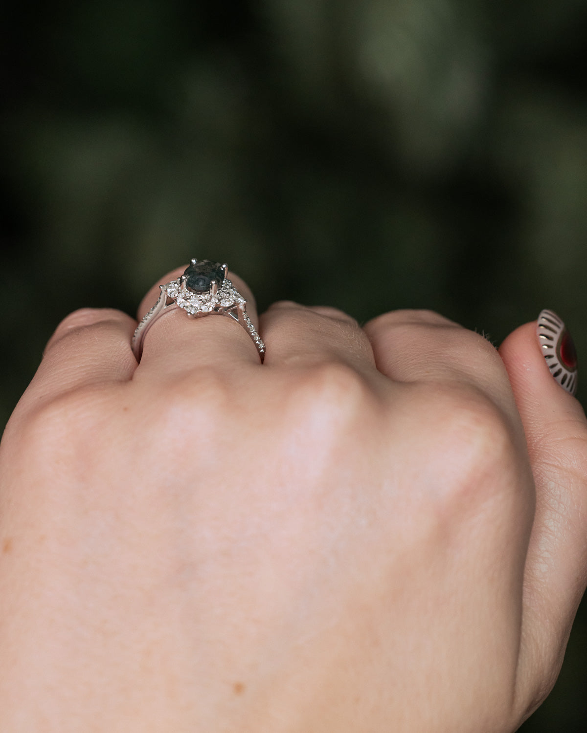 "North Star" - Oval Cut Moss Agate Engagement Ring With A Diamond Tracer