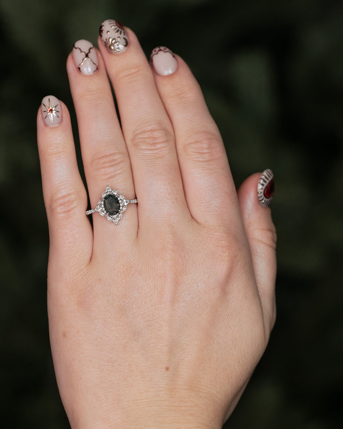 "North Star" - Oval Cut Moss Agate Engagement Ring With A Diamond Tracer