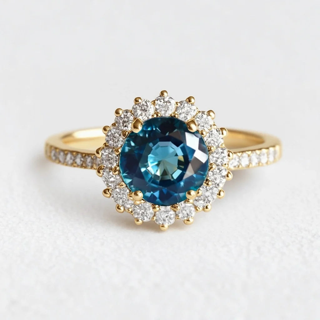 Stella's Spark | Vintage Blue Sapphire Diamond Halo Engagement Ring