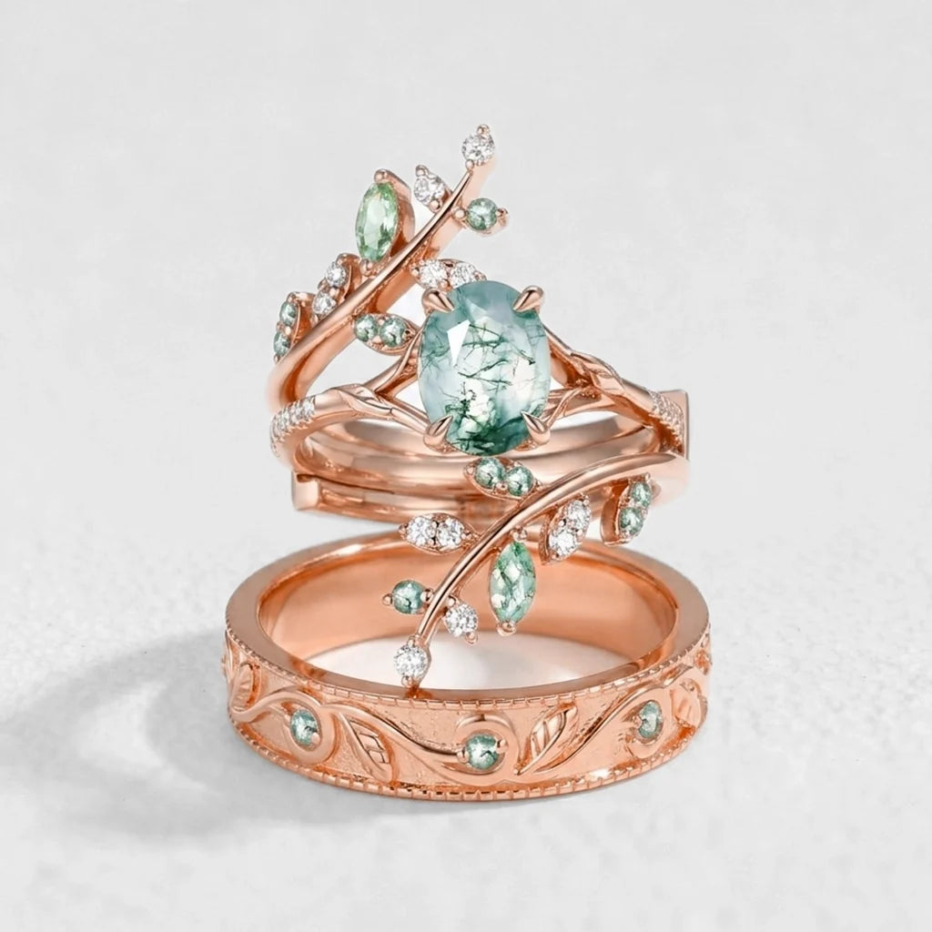 Daphne’s Canopy | Oval Cut Green Moss Agate Cluster Couple Ring Set