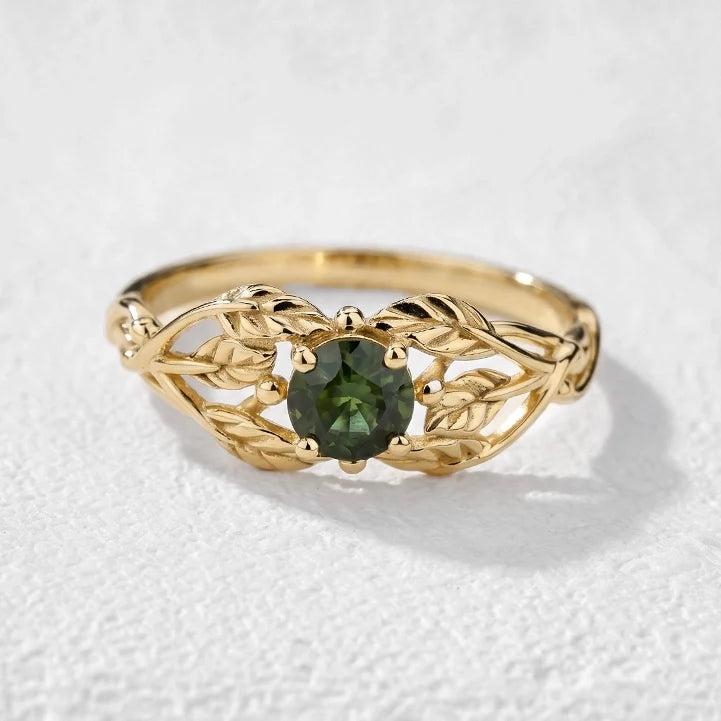 Scarlett’s Laurel | Round Red Sapphire Solitaire with Laurel Leaves Engagement Ring