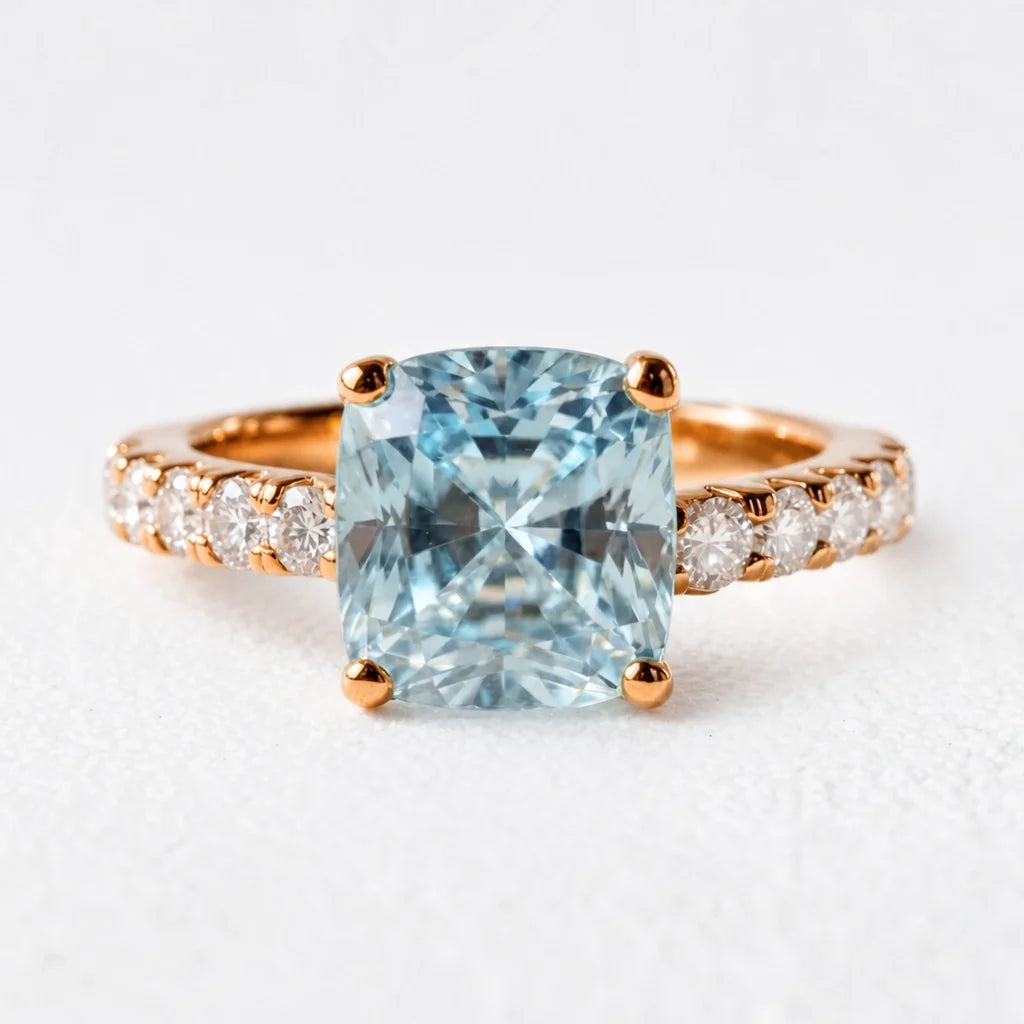 Aria’s Tide | 2CT Cushion Cut Aquamarine Engagement Ring