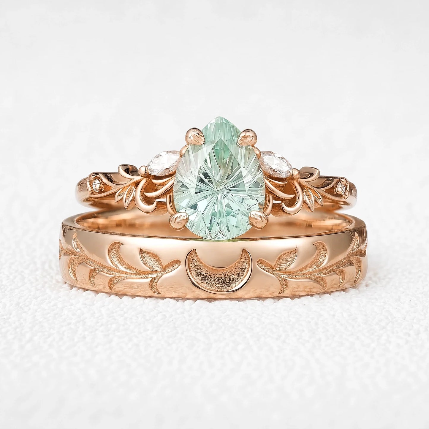 Selene’s Grove | Pear Green Sapphire & Moon Phase Couple Ring Set