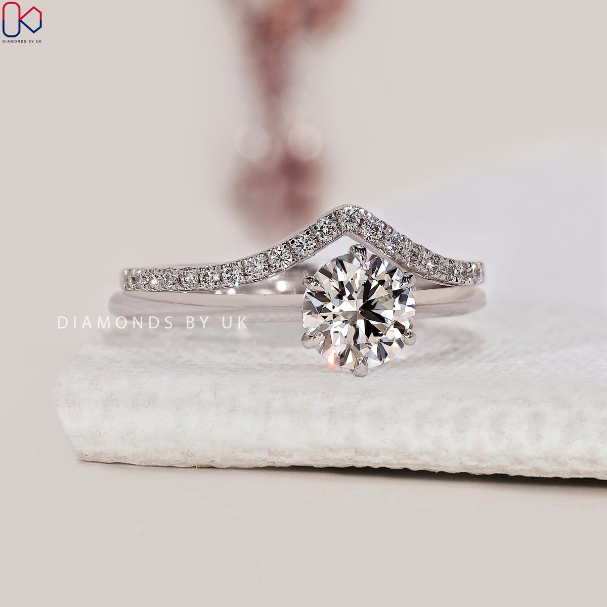 White Gold Round Cut Engagement Ring With Wedding Band