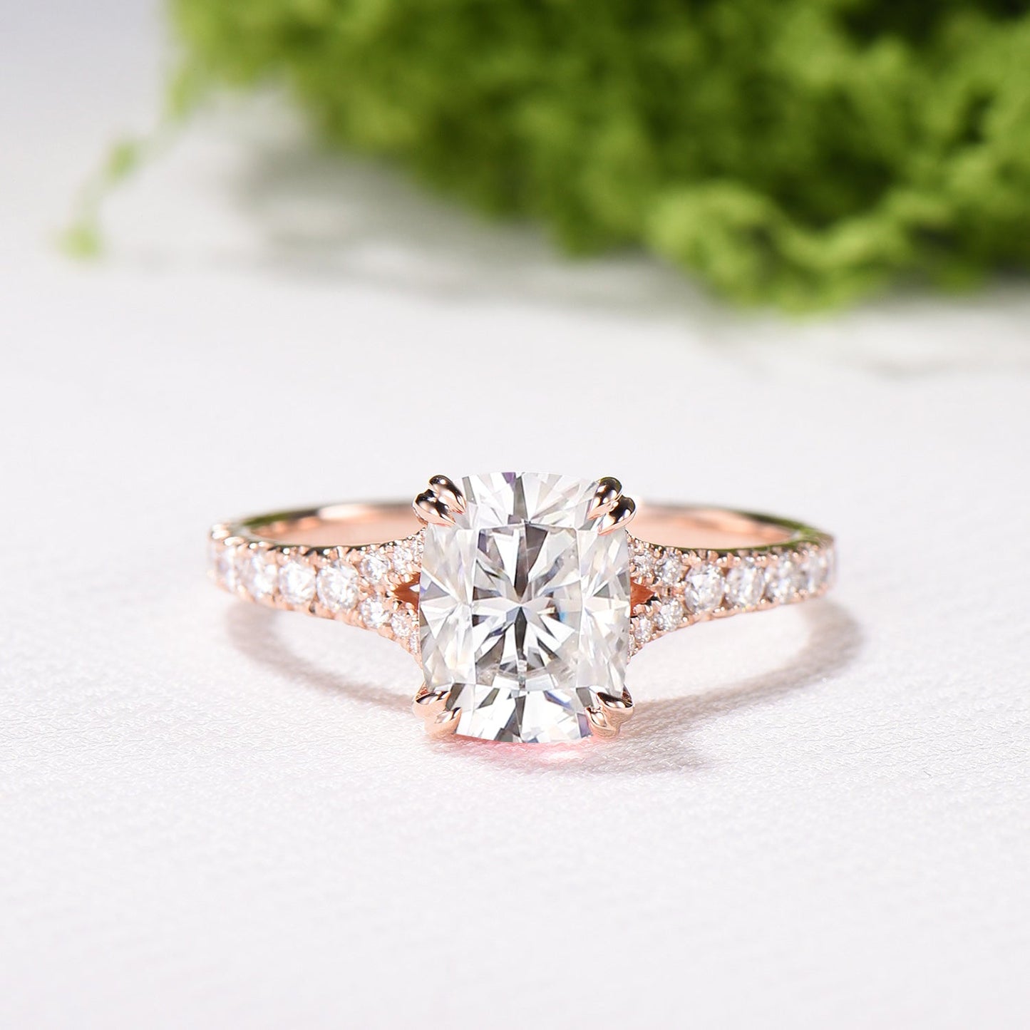 Elongated Cushion Cut Moissanite Engagement Ring, Rose Gold Pave Diamond Split Shank Ring