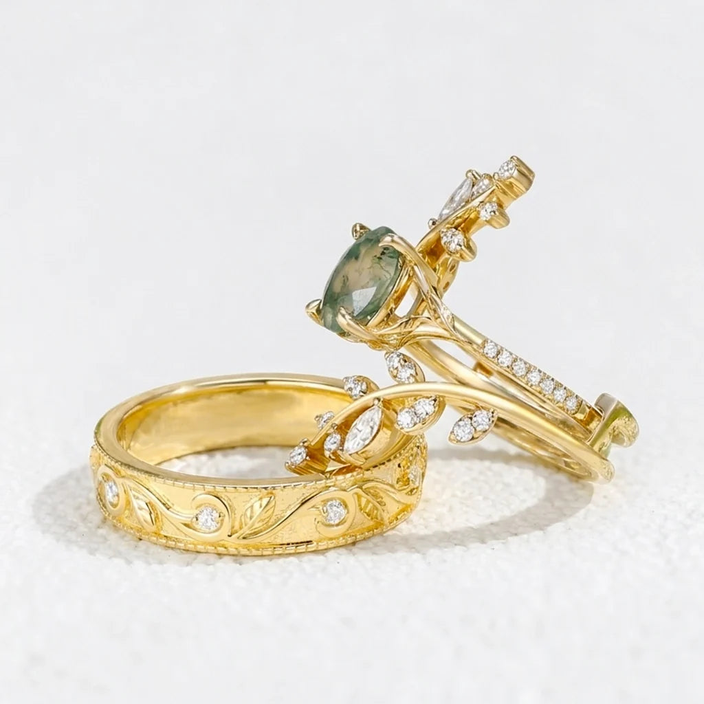 Flora’s Enclosure | Oval Moss Agate Cluster Couple Ring Set 3pcs