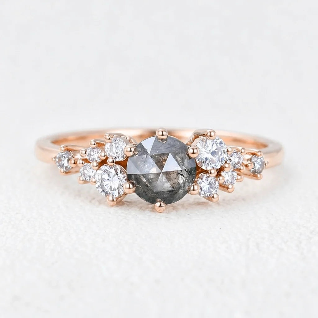 Isadora’s Solstice | Round Salt & Pepper Diamond Cluster Engagement Ring