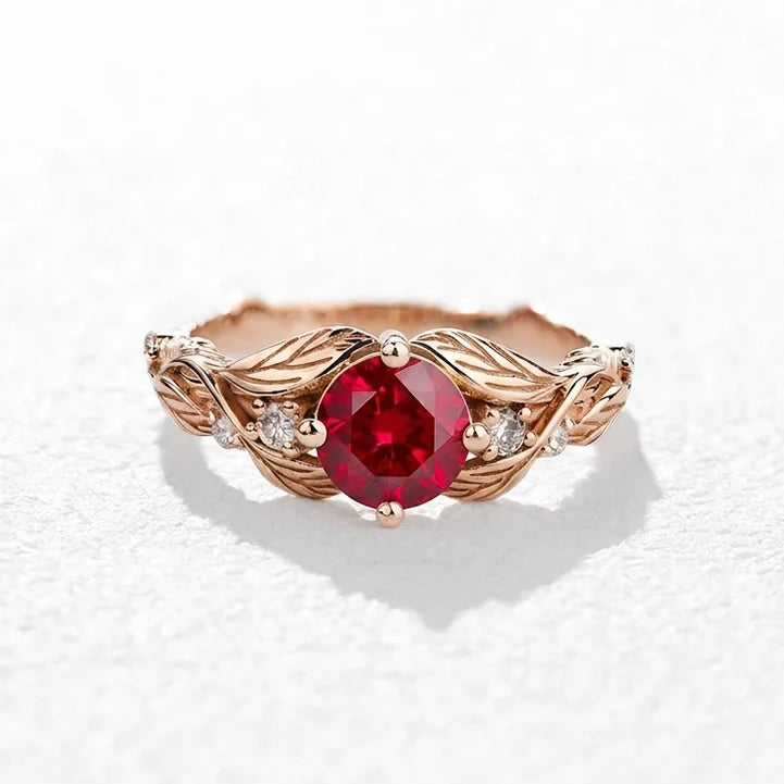 Rosalind’s Olive | Round Ruby Solitaire Ring with Olive Leaf Diamond Accents