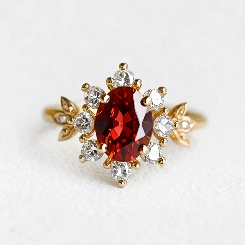 Anne’s Crimson | Oval Garnet Vintage Halo Engagement Ring