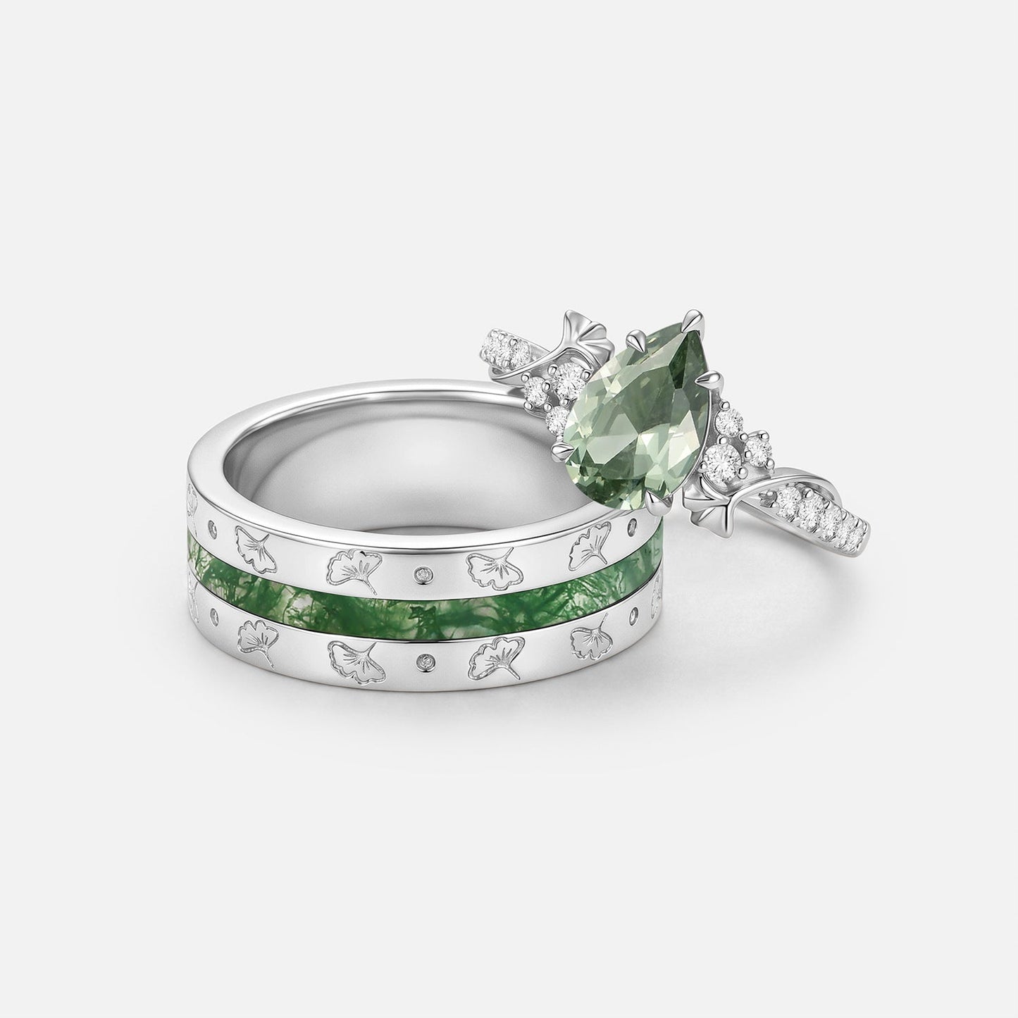 Pear Cut Lab Green Sapphire & Moss Agate Engraved Leafy Couple Ring Set 2pcs - Reverie