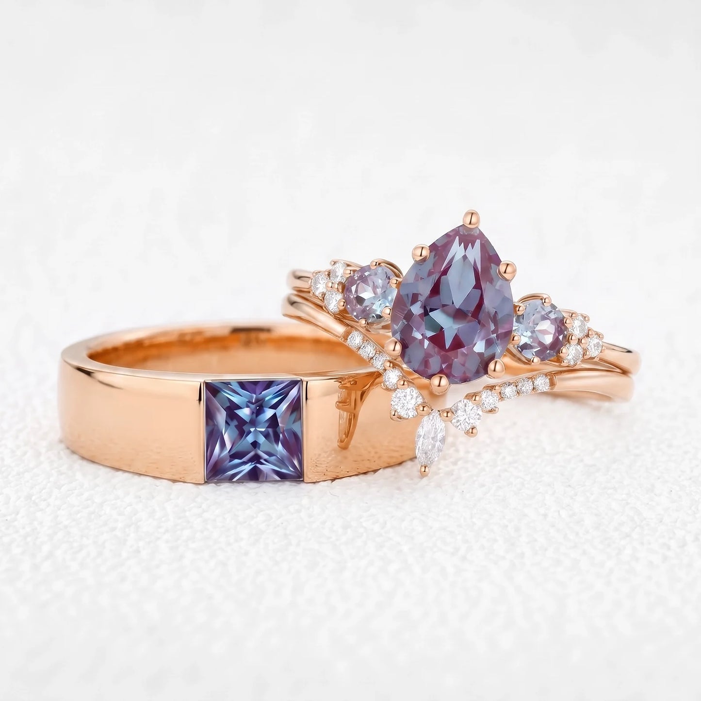 Sylvie’s Mirage | Alexandrite Pear Cluster & Princess Band Couple Set 3pcs