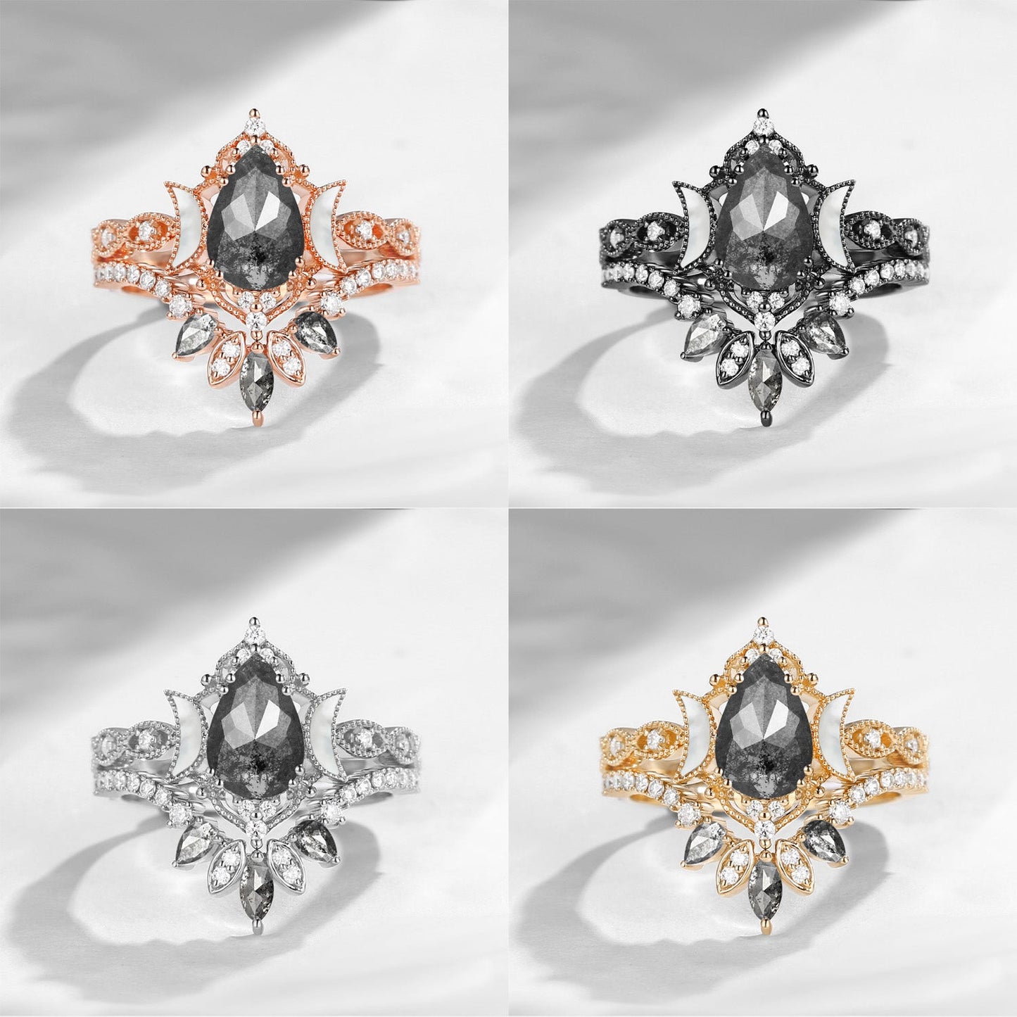 Crescent Moon | Pear Salt & Pepper Diamond & Mother of Pearl Moon 'Ultra Galaxy' Engagement Ring Set 2pcs