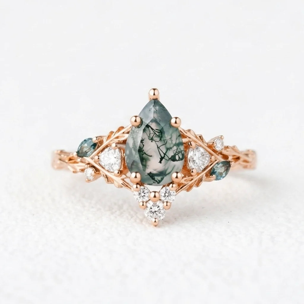 Genevieve’s Garland | Pear Moss Agate Leafy Engagement Ring