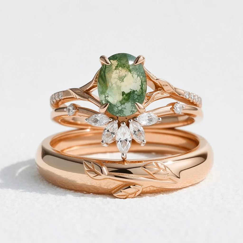 Zinnia’s Meadow | Oval Cut Moss Agate Leafy Gold Couple Ring Set 3pcs