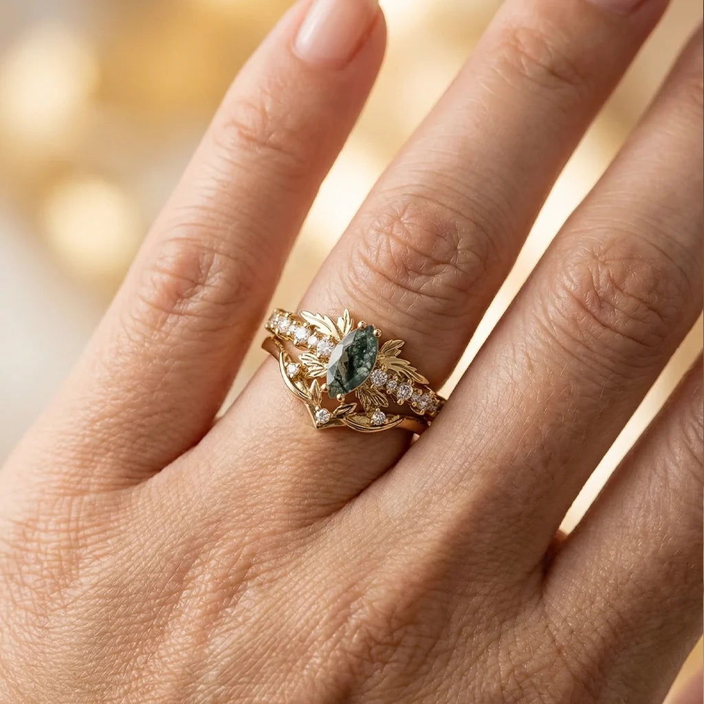 Aurora’s Moss Wing | Marquise Moss Agate Vintage Bridal Set 2pcs