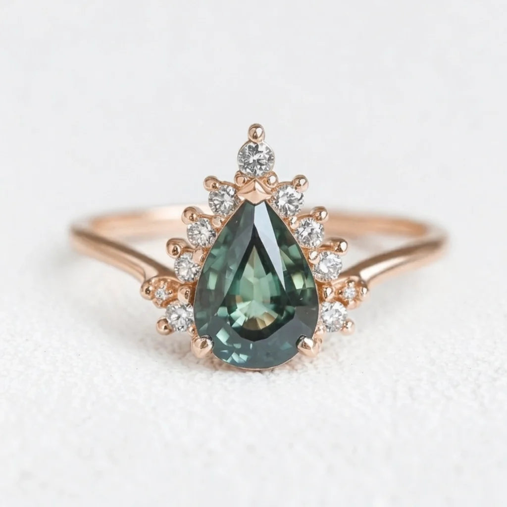 Mermaid’s Crown | Pear Teal Sapphire Halo Engagement Ring