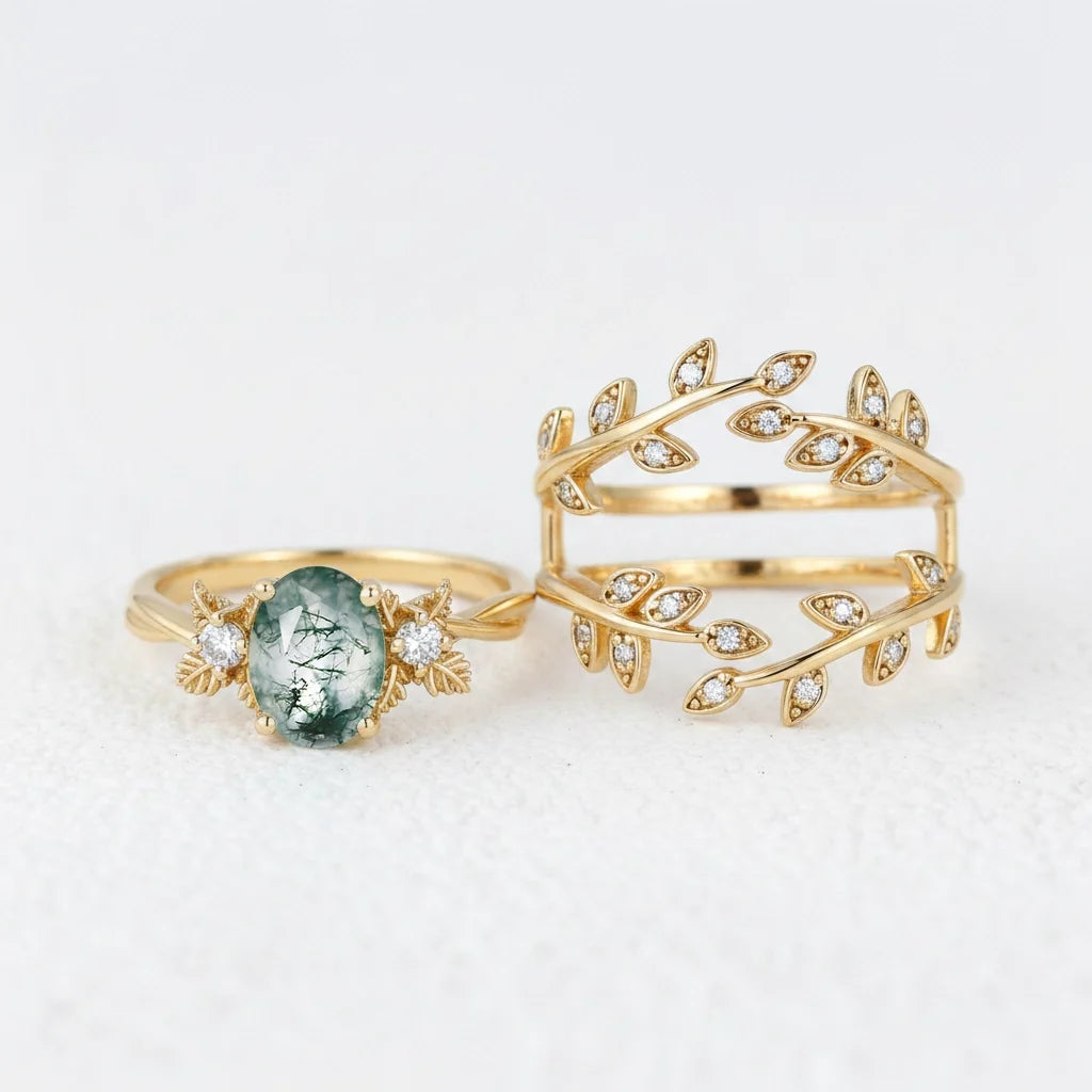 Léonie Oval Cut Moss Agate Leafy Enhancer Ring Set 2pcs