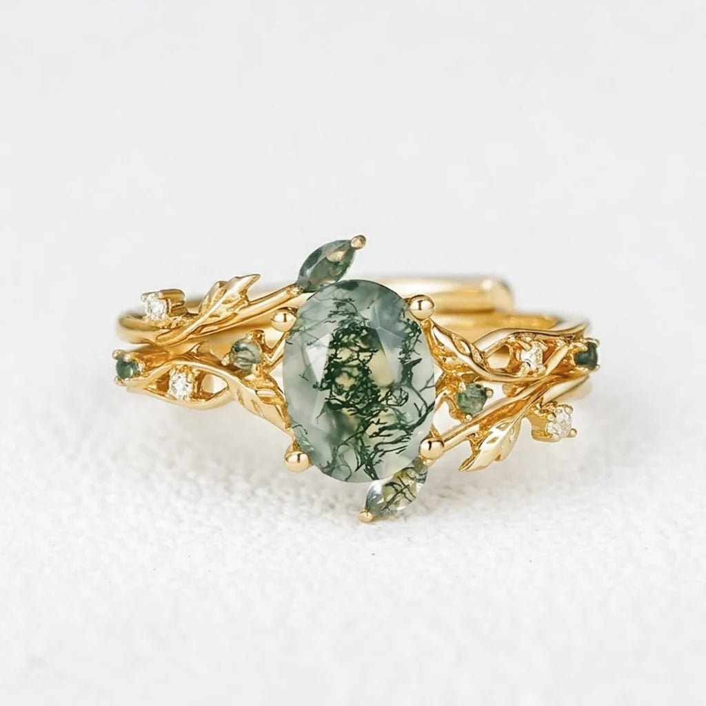 Melisande’s Tracery | Green Moss Agate Leaf Engagement Ring Set 2pcs