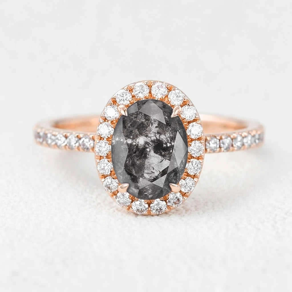 Isadora’s Essence | 1CT Oval Salt & Pepper Diamond Halo Pavé Engagement Ring
