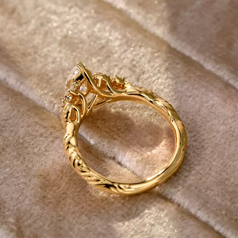 Vintage Leaf Vein Marquise Cut Engagement Ring