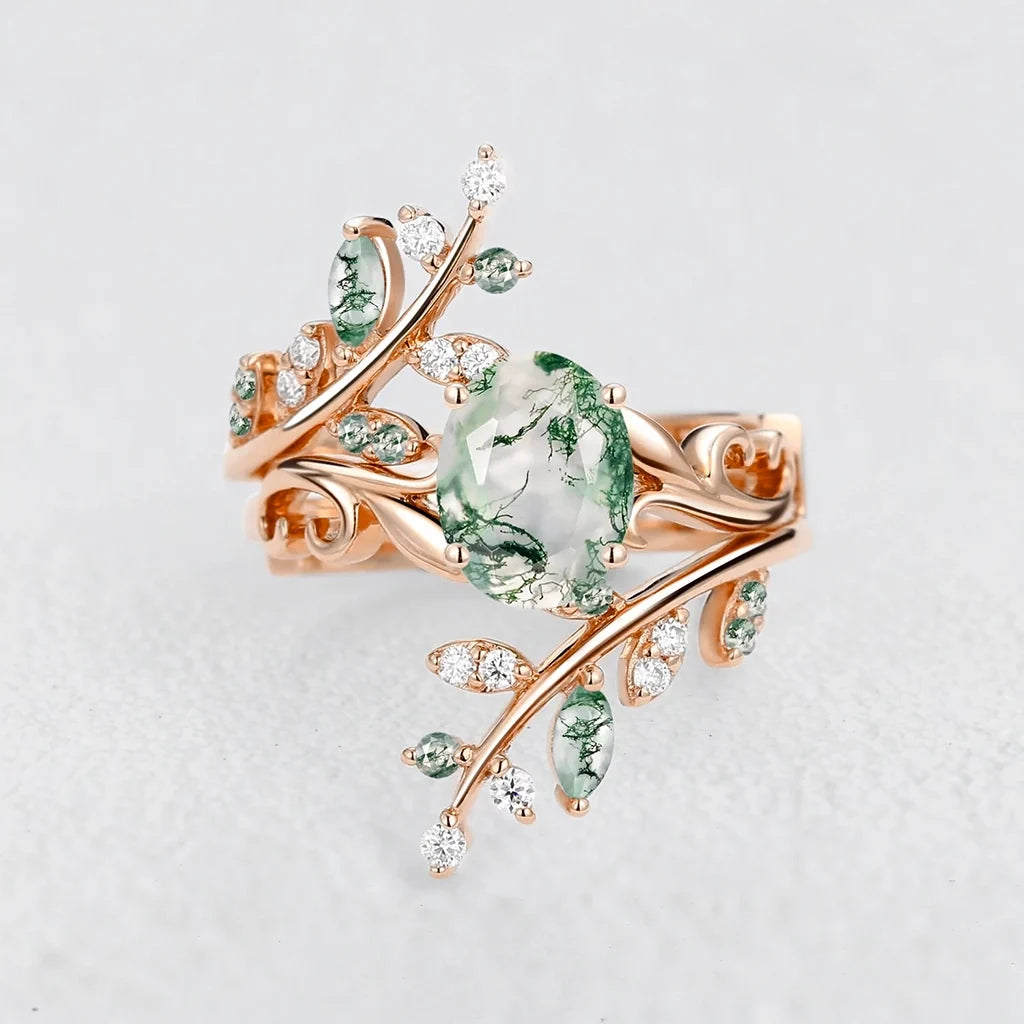 Daphne’s Canopy | Oval Cut Green Moss Agate Cluster Couple Ring Set