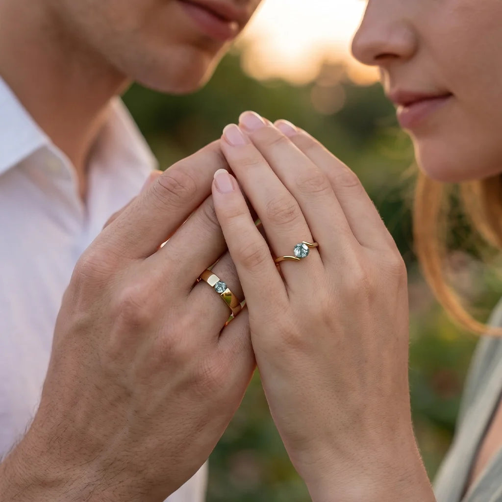 One Stone Duo | Round Moss Agate Couple Ring Set 2pcs