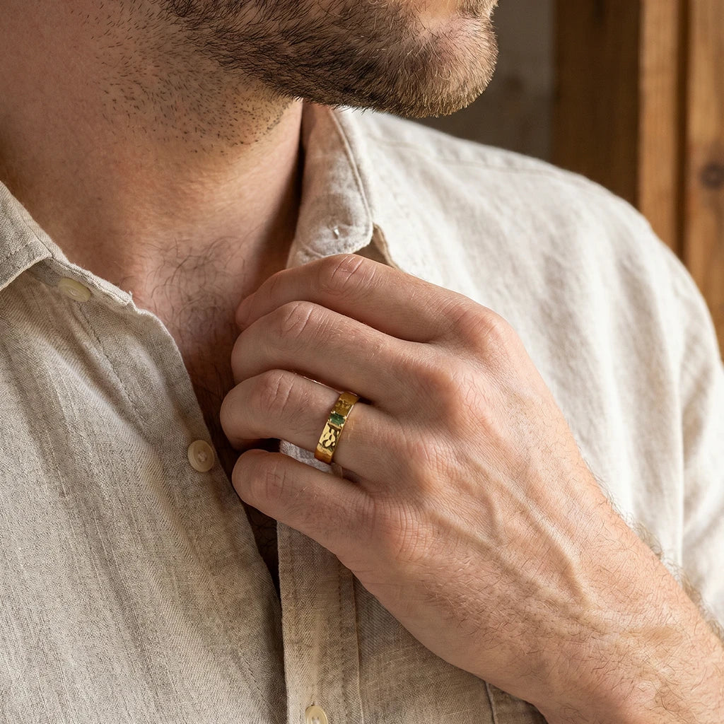 Marcus’s Keystone | Hammered Moss Agate Men’s Wedding Band