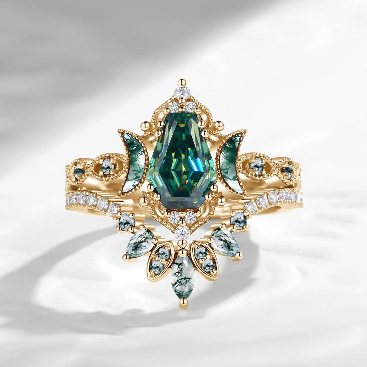 Crescent Moon | Coffin Cut Teal Moissanite 'Ultra Galaxy' Engagement Ring Set 2pcs