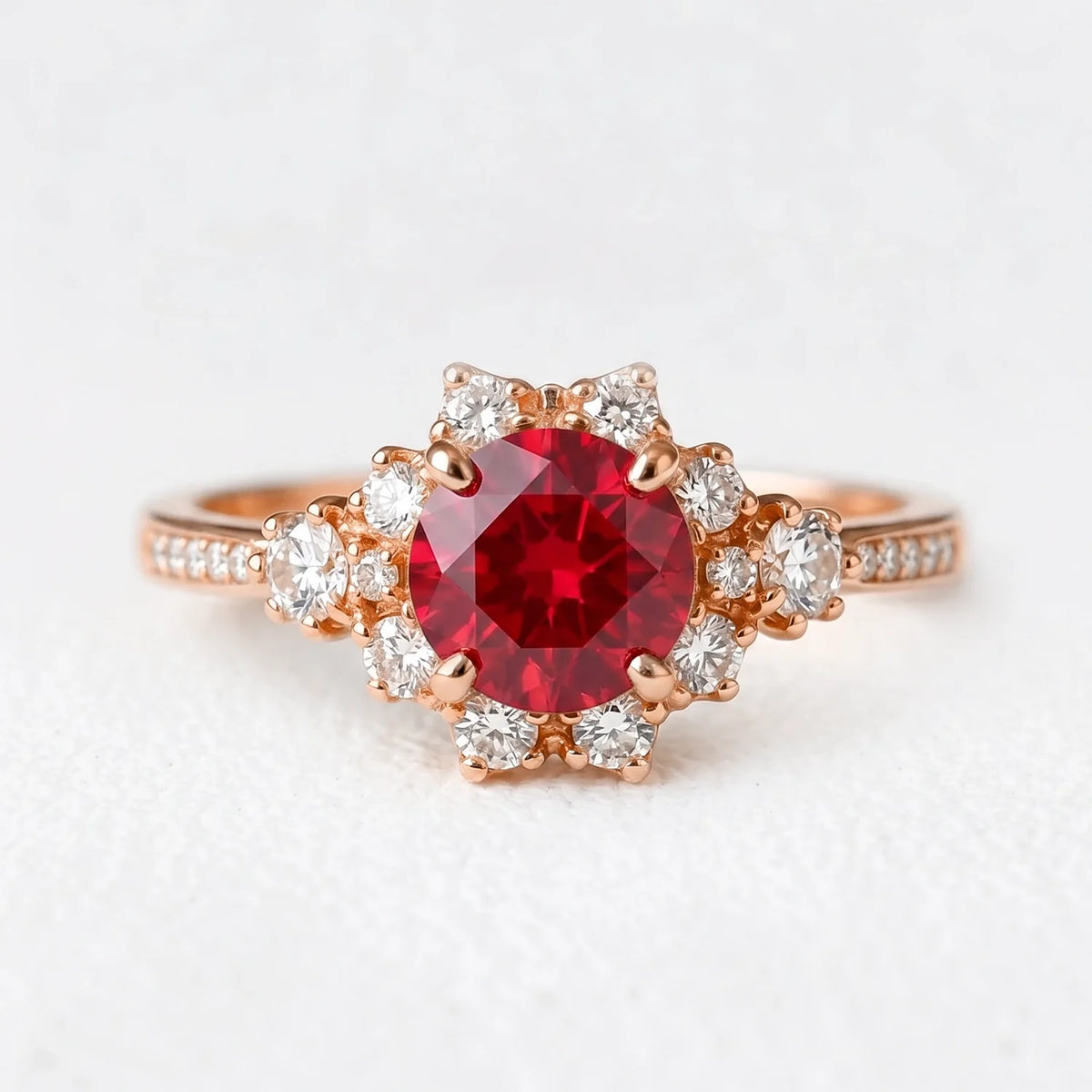 Valencia’s Pulse | Burgundy Round Ruby Halo Engagement Ring