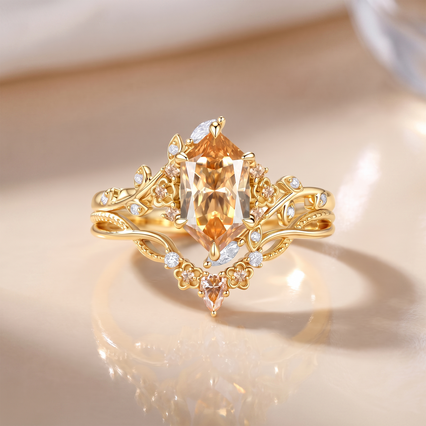 Luminous Reverie - Dutch Marquise Champagne Moissanite Flower Vintage Engagement Ring Sets - Verity
